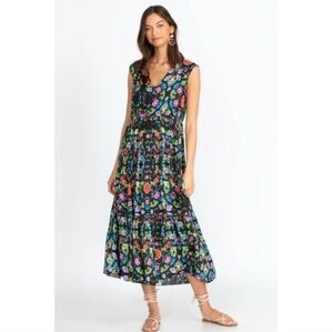Johnny Was Ella Flower Natania Tiered Silk Midi-dress Women's L Floral Boho
